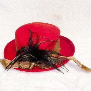 Vintage Red Wool? Felt Hat "Red Hat Society" Feather Accent